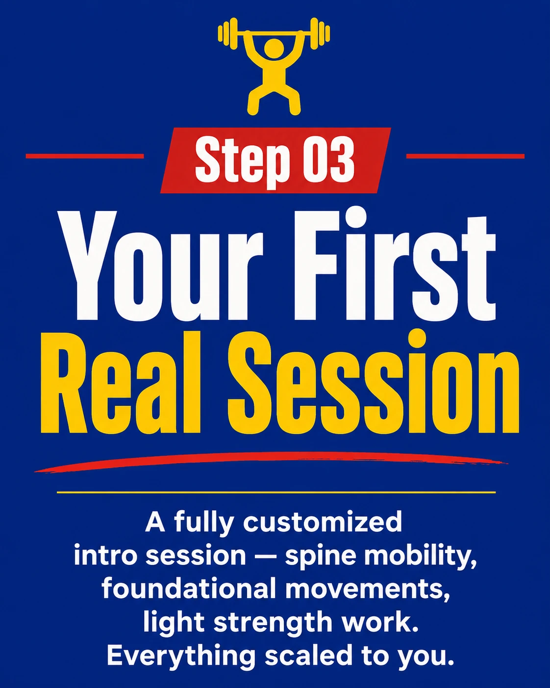 Step 03 — Your First Real Session. A fully customized intro session — spine mobility, foundational movements, light strength work. Everything scaled to you.